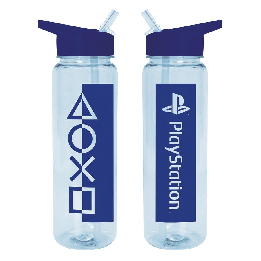 Officially Licensed PlayStation 700ml Blue Plastic Drink Bottle with Integrated Straw - Pyramid Style